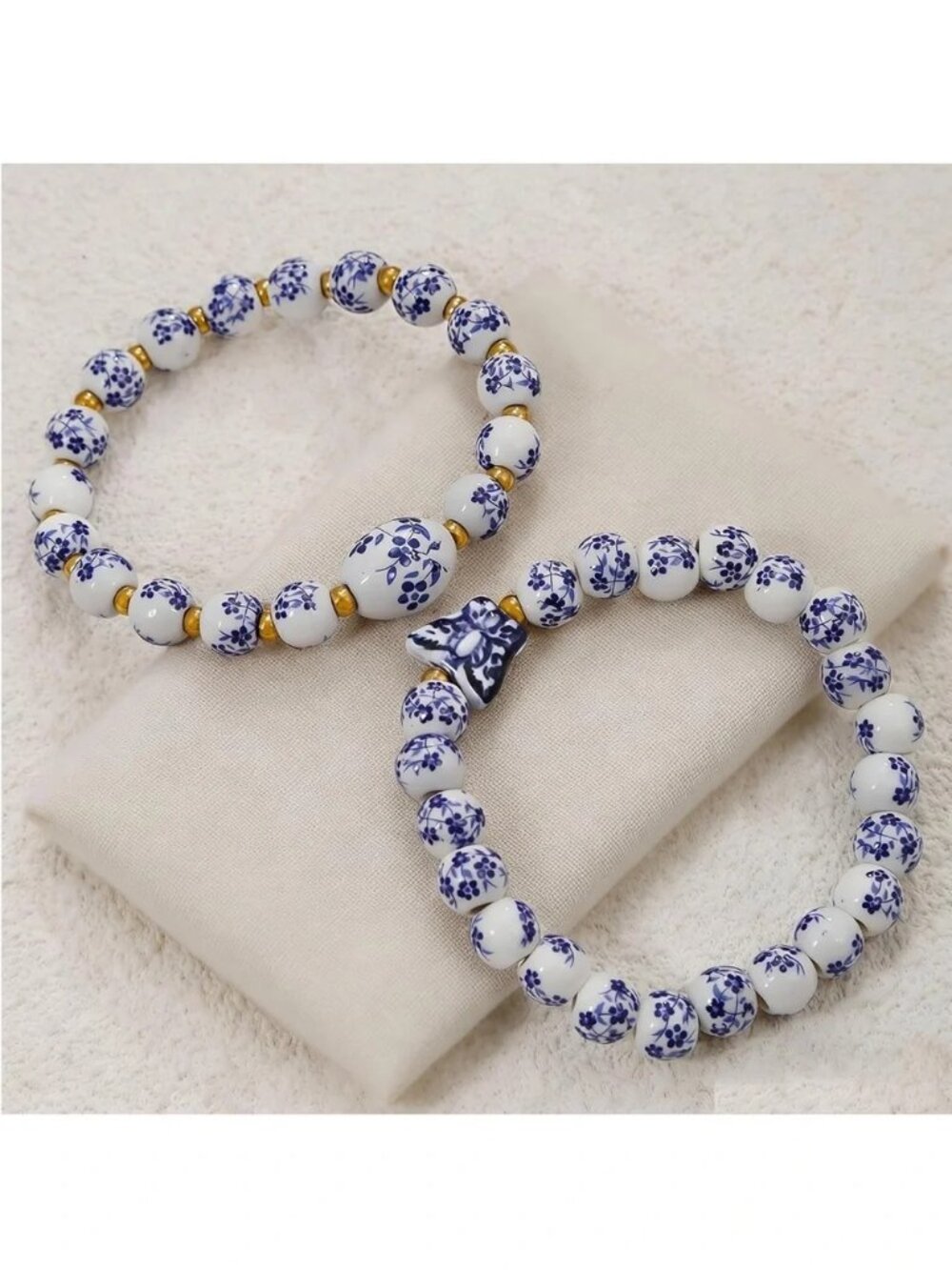 Anthropologie Blue and White Ceramic Floral Bead Bracelet